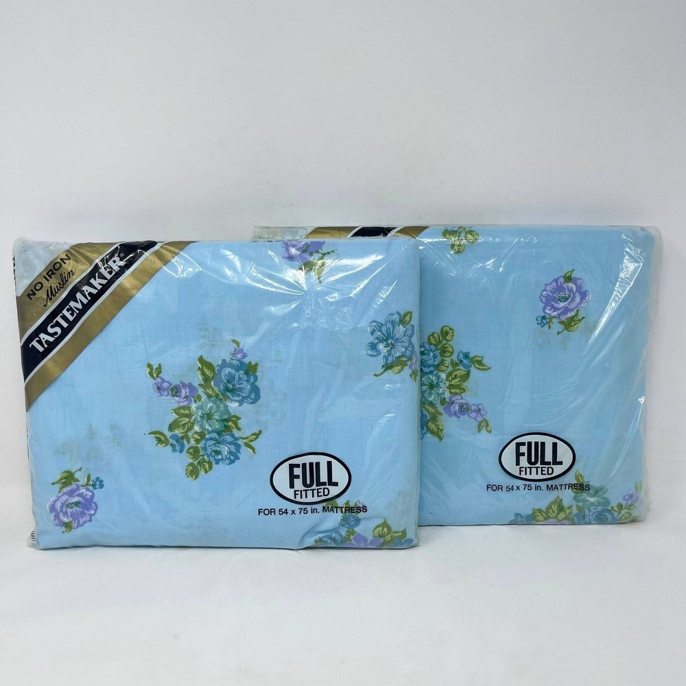 Tastemaker Full Fitted Bed Sheets Sheraton Blue Floral No Iron Muslin Set of Two
